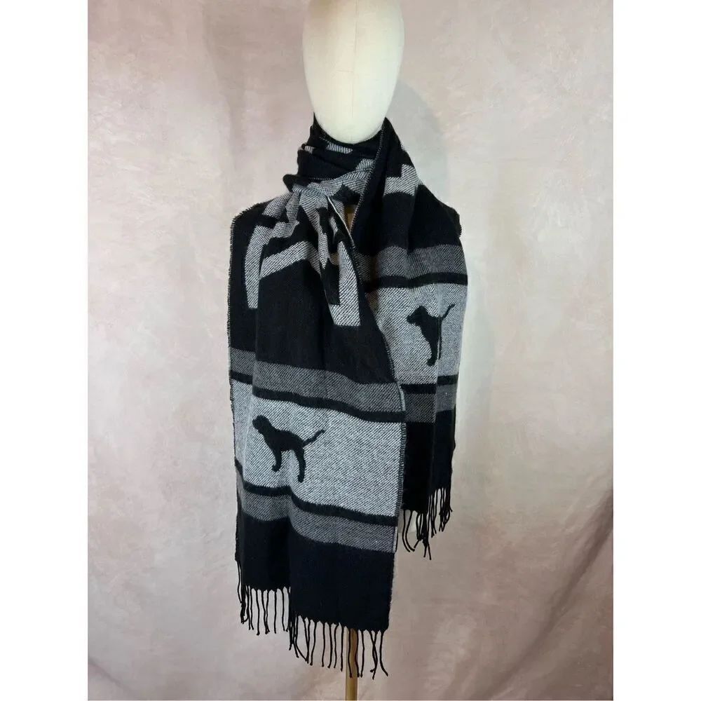 PINK Victoria's Secret Gray Reversible Knit Long Scarf Large PINK Lettering Logo